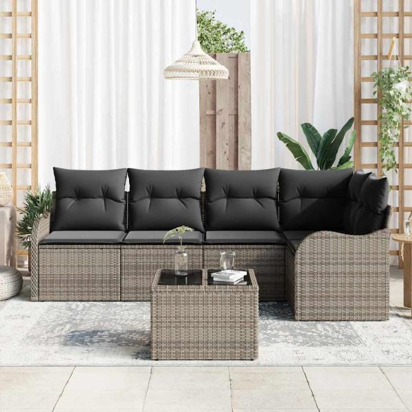 5-teiliges Garten Sofaset mit Kissen schwarzes Poly Rattan, 2-Sitzer Garten Sofa mit Kissen graues Poly Rattan