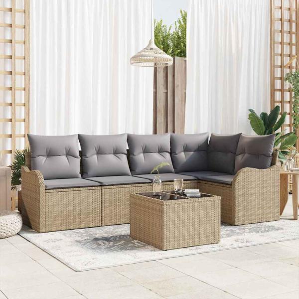 ARDEBO.de - 6-teiliges Garten Sofa Set mit Kissen Schwarz Poly Rattan, 2-Sitzer Garten Sofa mit Kissen Beige Poly Rattan