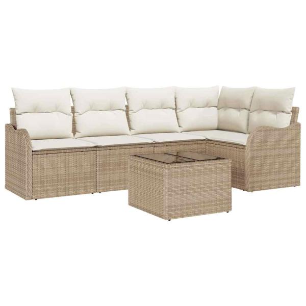 6-teiliges Garten-Sofa-Set mit Kissen aus braunem Poly Rattan, 2-Sitzer Garten-Sofa mit Kissen aus beigem Poly Rattan