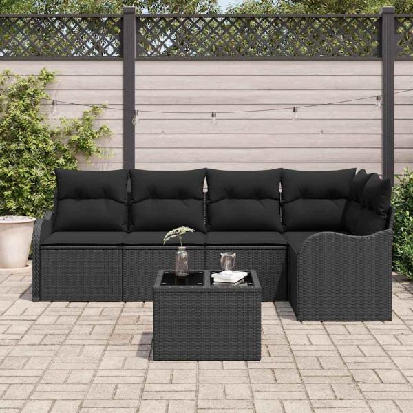 ARDEBO.de - 6 teiliges Garten Sofa Set mit Kissen Beige Poly Rattan, 2-Sitzer Garten Sofa mit Kissen Schwarz Poly Rattan