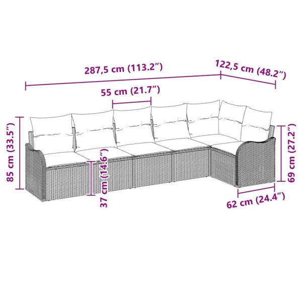 6-teiliges Garten-Sofa-Set mit Kissen in Grau aus Poly-Rattan, 2-Sitzer Garten-Sofa mit Kissen in Grau aus Poly-Rattan