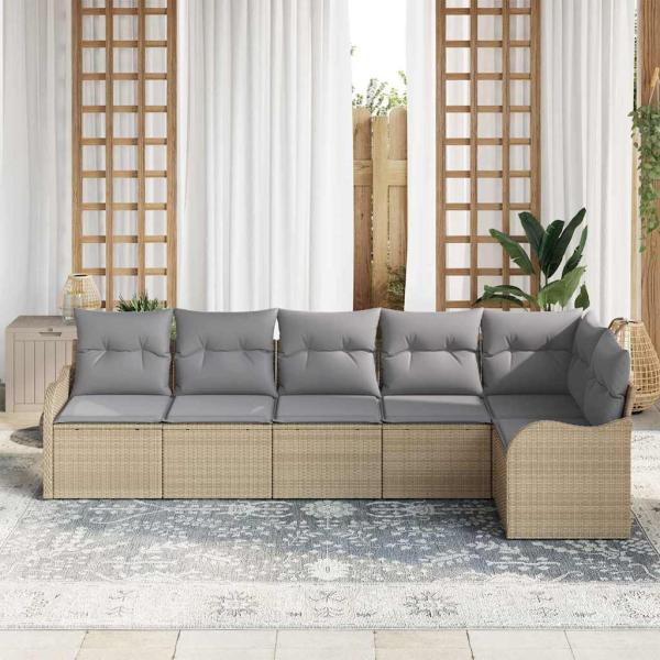 6-teiliges Garten Sofa Set mit Kissen Beige Poly Rattan, 2-Sitzer Garten Sofa mit Kissen Beige Poly Rattan
