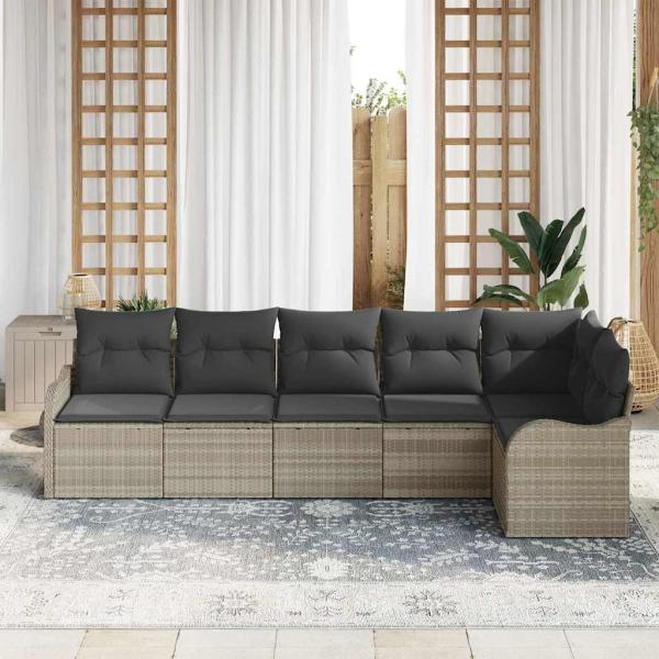 6-teiliges Garten-Sofa-Set mit Kissen Hellgrau Poly Rattan, 2-Sitzer Garten-Sofa mit Kissen Hellgrau Poly Rattan