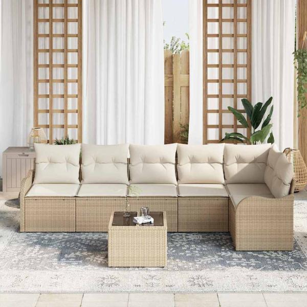 7-teiliges Garten Sofa Set mit Kissen aus braunem Poly Rattan, 2-Sitzer Garten Sofa mit Kissen aus beigem Poly Rattan