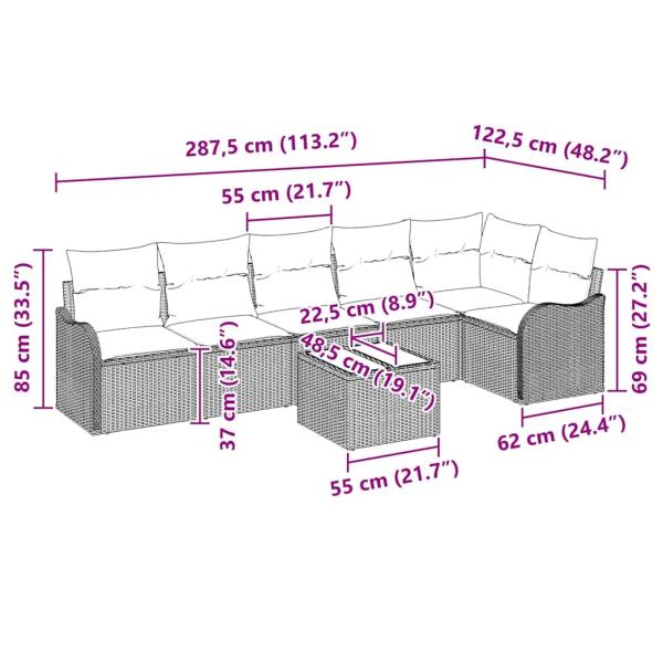 7-teiliges Garten Sofa Set mit Kissen aus braunem Poly Rattan, 2-Sitzer Garten Sofa mit Kissen aus beigem Poly Rattan