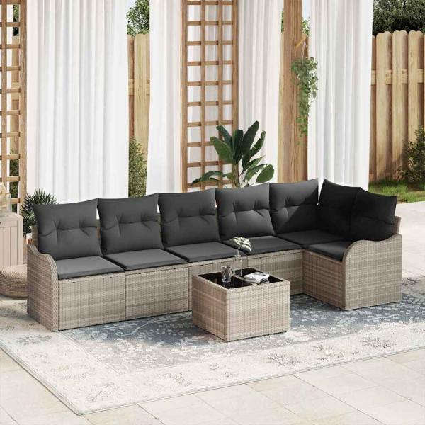 ARDEBO.de - 7-teiliges Garten-Sofa-Set mit Kissen, graues Poly-Rattan, 2-Sitzer Garten-Sofa mit Kissen, hellgraues Poly-Rattan