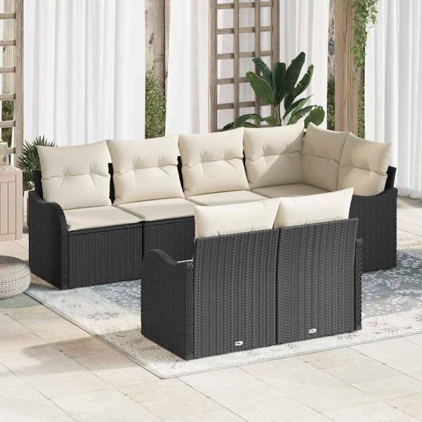 ARDEBO.de - 7-teiliges Garten-Sofa-Set mit Kissen Schwarz Poly-Rattan, 2-Sitzer Garten-Sofa mit Kissen Schwarz Poly-Rattan