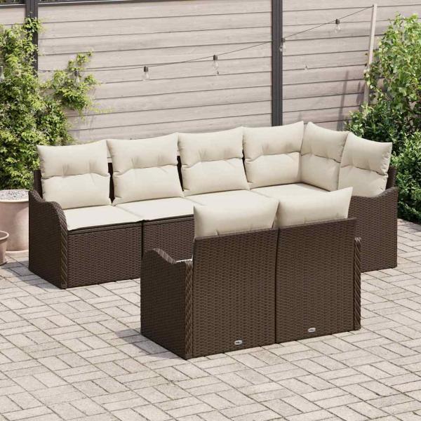 7-teiliges Garten Sofa Set mit Kissen Braun Poly Rattan, 2-Sitzer Garten Sofa mit Kissen Braun Poly Rattan