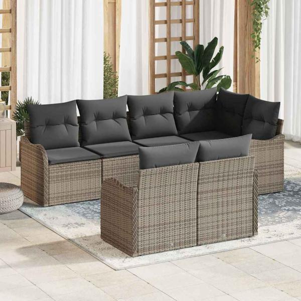 ARDEBO.de - 7-teilige Garten-Sofa-Set mit Kissen Grau Poly Rattan, 2-Sitzer Garten Sofa mit Kissen Grau Poly Rattan