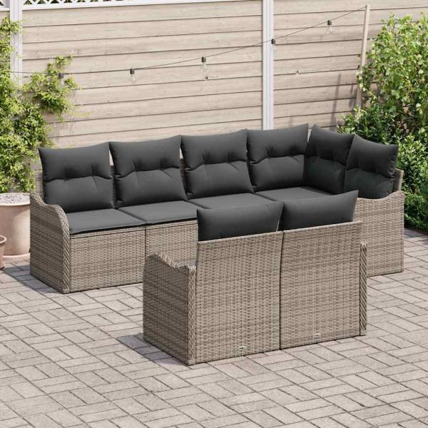 7-teilige Garten-Sofa-Set mit Kissen Grau Poly Rattan, 2-Sitzer Garten Sofa mit Kissen Grau Poly Rattan