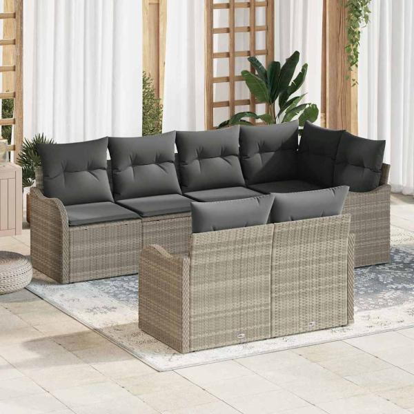 ARDEBO.de - 7-teiliges Garten-Sofa-Set mit Kissen Hellgrau Poly-Rattan, 2-Sitzer Garten-Sofa mit Kissen Hellgrau Poly-Rattan