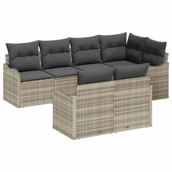7-teiliges Garten-Sofa-Set mit Kissen Hellgrau Poly-Rattan, 2-Sitzer Garten-Sofa mit Kissen Hellgrau Poly-Rattan