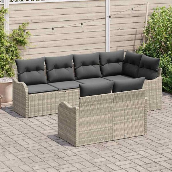 7-teiliges Garten-Sofa-Set mit Kissen Hellgrau Poly-Rattan, 2-Sitzer Garten-Sofa mit Kissen Hellgrau Poly-Rattan