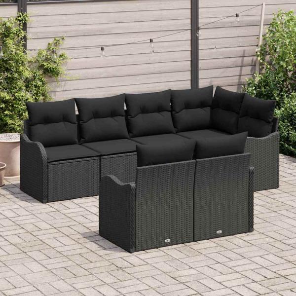 7-teiliges Garten-Sofa-Set mit Kissen Schwarz Poly-Rattan, 2-Sitzer Garten-Sofa mit Kissen Schwarz Poly-Rattan