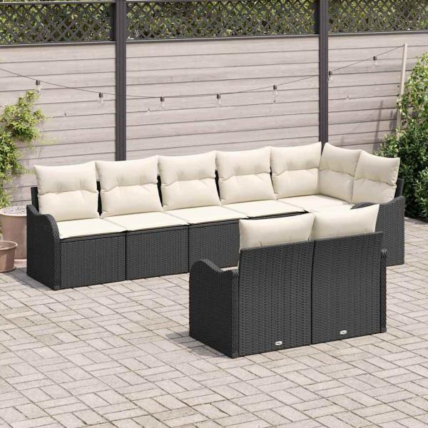 8-teiliges Garten Sofa Set mit Kissen Schwarz Poly Rattan, 2-Sitzer Garten Sofa mit Kissen Schwarz Poly Rattan