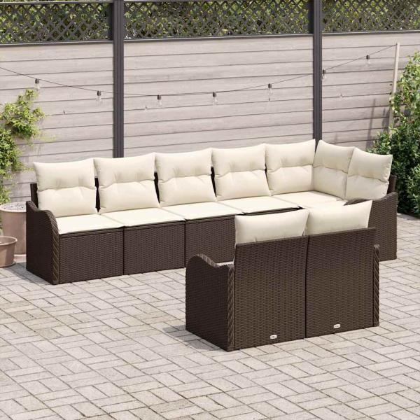8-teiliges Garten Sofa Set mit Kissen Braun Poly Rattan, 2-Sitzer Garten Sofa mit Kissen Braun Poly Rattan