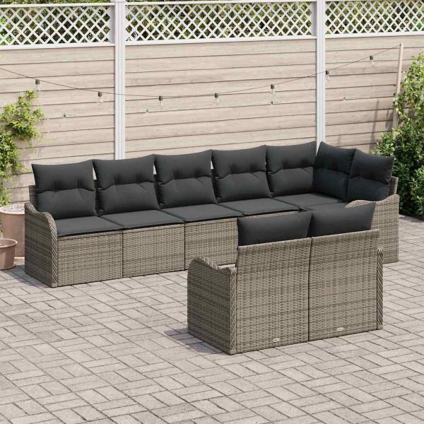 8-teiliges Garten Sofa Set mit Kissen Grau Poly-Rattan, 2-Sitzer Garten Sofa mit Kissen Grau Poly-Rattan