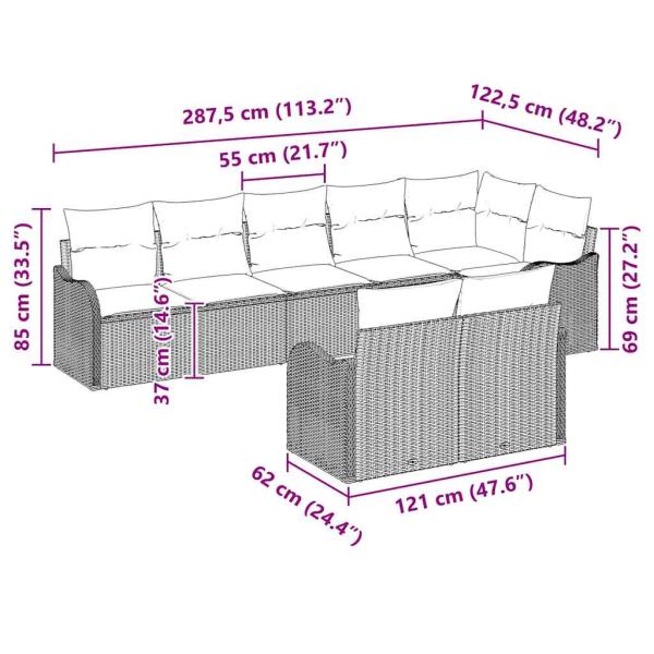 8-teiliges Garten Sofa Set mit Kissen Grau Poly-Rattan, 2-Sitzer Garten Sofa mit Kissen Grau Poly-Rattan