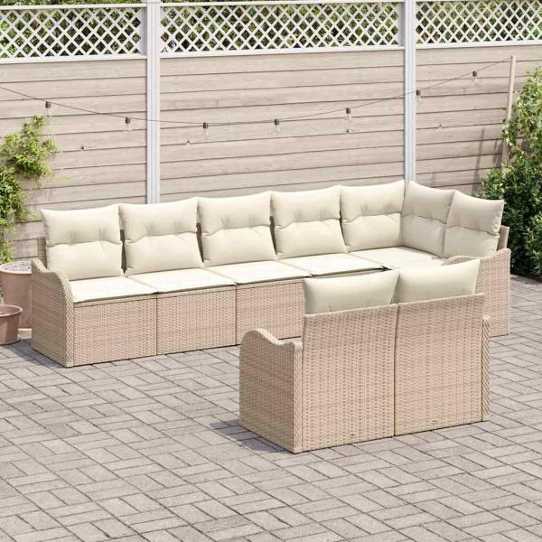 8-teiliges Garten-Sofa-Set mit Kissen in beige Poly-Rattan, 2-Sitzer Garten-Sofa mit Kissen in beige Poly-Rattan