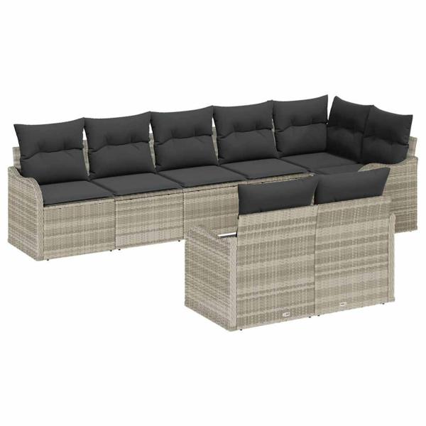 8-teiliges Garten Sofa Set mit Kissen Hellgrau Poly Rattan, 2-Sitzer Garten Sofa mit Kissen Hellgrau Poly Rattan