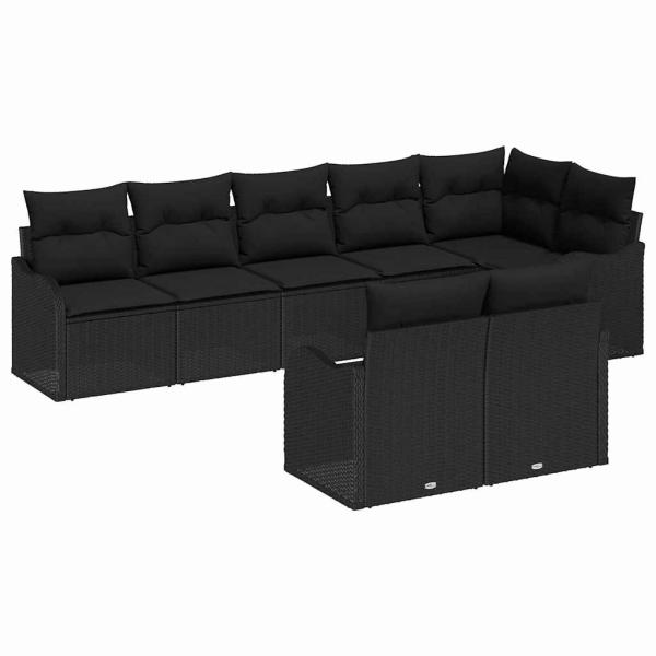 8-teiliges Garten-Sofa-Set mit Kissen Schwarzes Poly-Rattan, 2-Sitzer Garten-Sofa mit Kissen Schwarzes Poly-Rattan