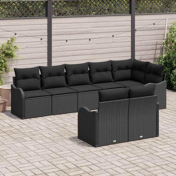 8-teiliges Garten-Sofa-Set mit Kissen Schwarzes Poly-Rattan, 2-Sitzer Garten-Sofa mit Kissen Schwarzes Poly-Rattan