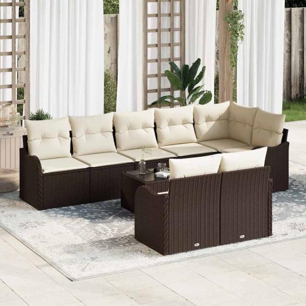 ARDEBO.de - 8-teiliges Gartensofaset mit Kissen Grau Poly Rattan, 2-Sitzer Gartensofa mit Kissen Braun Poly Rattan