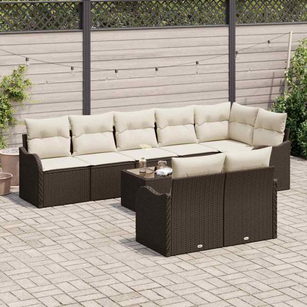8-teiliges Gartensofaset mit Kissen Grau Poly Rattan, 2-Sitzer Gartensofa mit Kissen Braun Poly Rattan