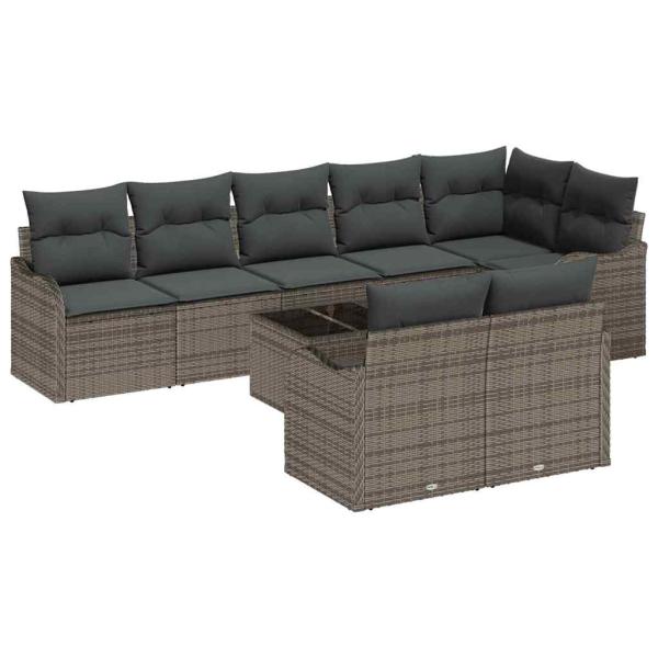 8-teiliges Gartensofa-Set mit Kissen Schwarz Poly-Rattan, 2-Sitzer Gartensofa mit Kissen Grau Poly-Rattan