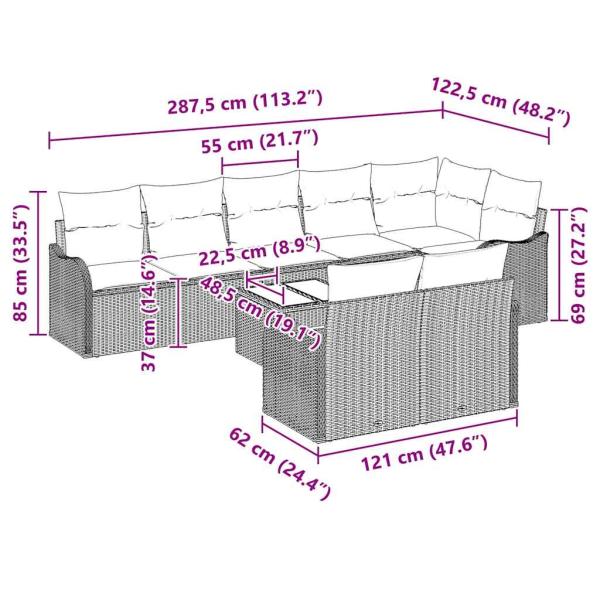 8-teiliges Gartensofa-Set mit Kissen Schwarz Poly-Rattan, 2-Sitzer Gartensofa mit Kissen Grau Poly-Rattan