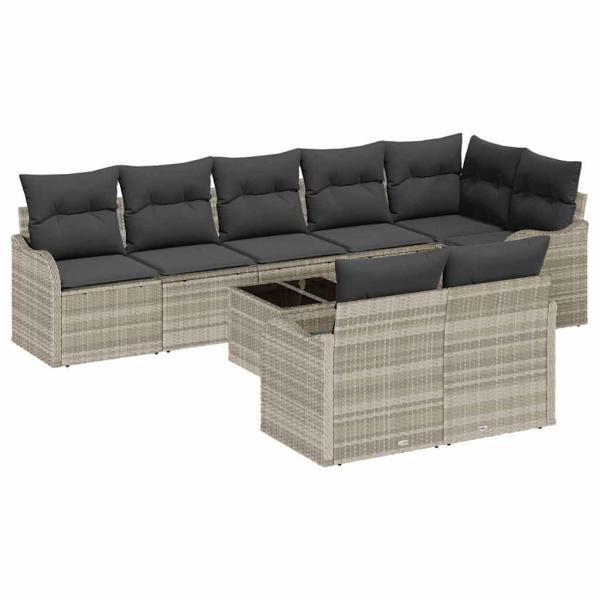 9-teiliges Garten Sofa Set mit Kissen Grau Poly Rattan, 2-Sitzer Garten Sofa mit Kissen Hellgrau Poly Rattan