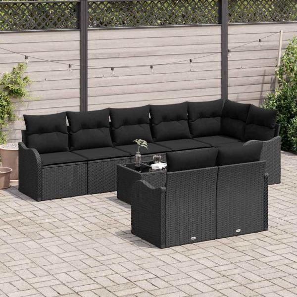 9-Teiliges Gartensofa-Set mit Kissen Beige Poly-Rattan, 2-Sitzer Gartensofa mit Kissen Schwarz Poly-Rattan