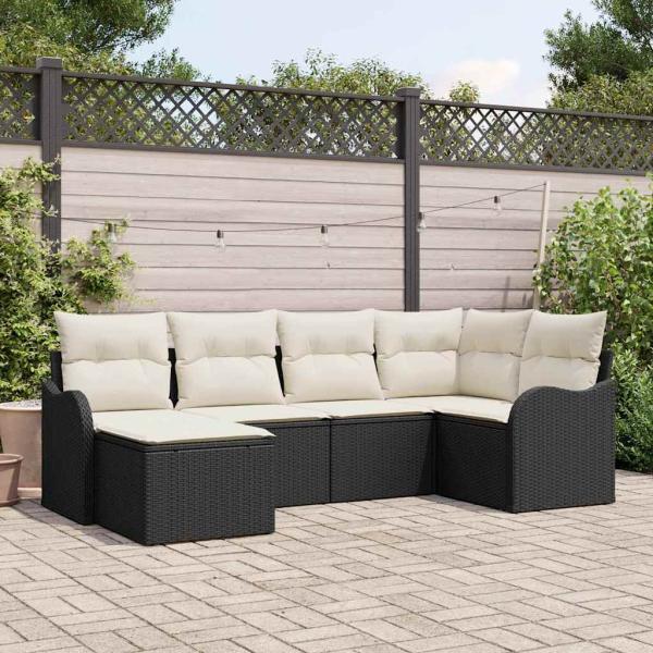 ARDEBO.de - 6-teiliges Garten Sofa Set mit Kissen Schwarz Poly Rattan, 2-Sitzer Garten Sofa mit Kissen Schwarz Poly Rattan