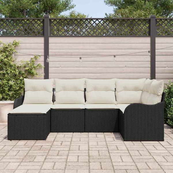 6-teiliges Garten Sofa Set mit Kissen Schwarz Poly Rattan, 2-Sitzer Garten Sofa mit Kissen Schwarz Poly Rattan