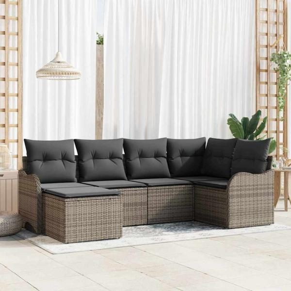 ARDEBO.de - 6-teiliges Garten Sofa Set mit Kissen Grau Poly Rattan, 2-Sitzer Garten Sofa mit Kissen Grau Poly Rattan