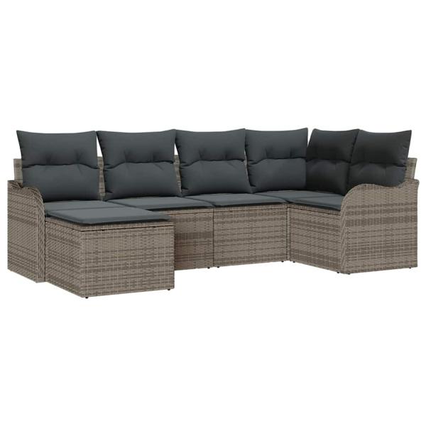 6-teiliges Garten Sofa Set mit Kissen Grau Poly Rattan, 2-Sitzer Garten Sofa mit Kissen Grau Poly Rattan