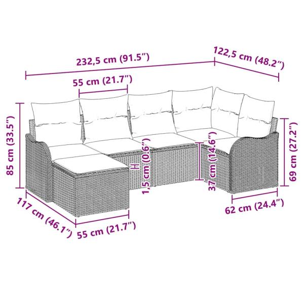 6-teiliges Garten Sofa Set mit Kissen Grau Poly Rattan, 2-Sitzer Garten Sofa mit Kissen Grau Poly Rattan