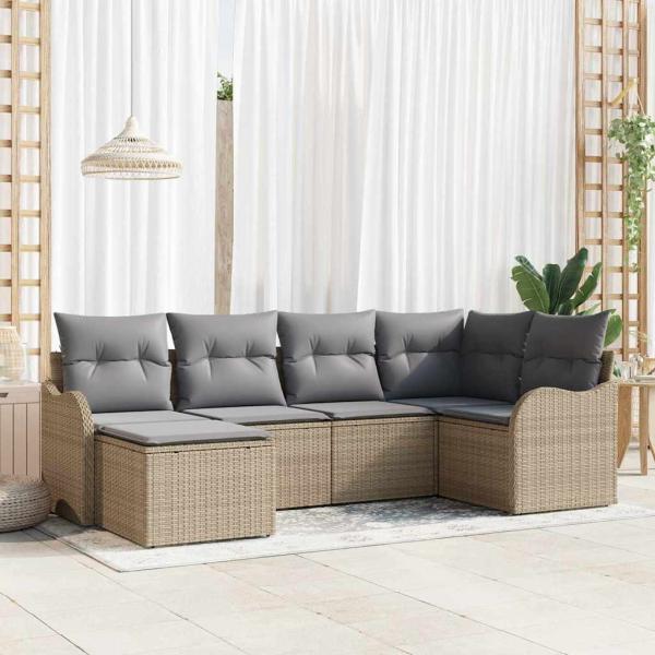 ARDEBO.de - 6-teiliges Garten Sofa Set mit Kissen Beige Poly Rattan, 2-Sitzer Garten Sofa mit Kissen Beige Poly Rattan