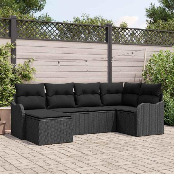 ARDEBO.de - 6-teiliges Garten Sofa Set mit Kissen Schwarz Poly Rattan, 2-Sitzer Garten Sofa mit Kissen Schwarz Poly Rattan