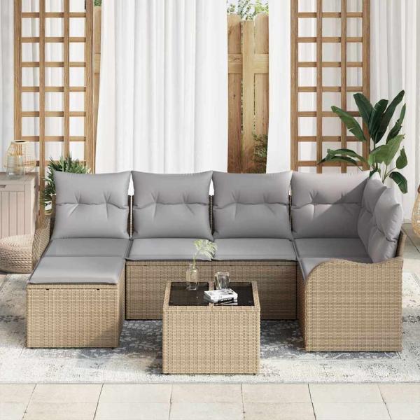 7-teiliges Garten-Sofa-Set mit Kissen schwarzes Poly-Rattan, 2-Sitzer Garten-Sofa mit Kissen beiges Poly-Rattan