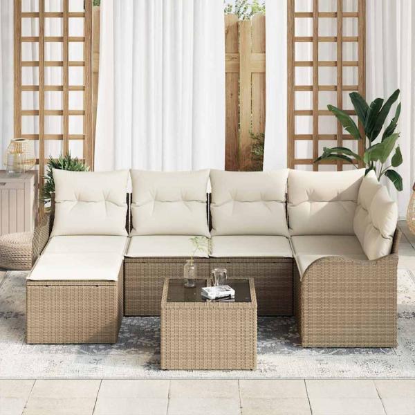 7-teiliges Garten-Sofa-Set mit Kissen braunes Poly-Rattan, 2-Sitzer Garten-Sofa mit Kissen beiges Poly-Rattan