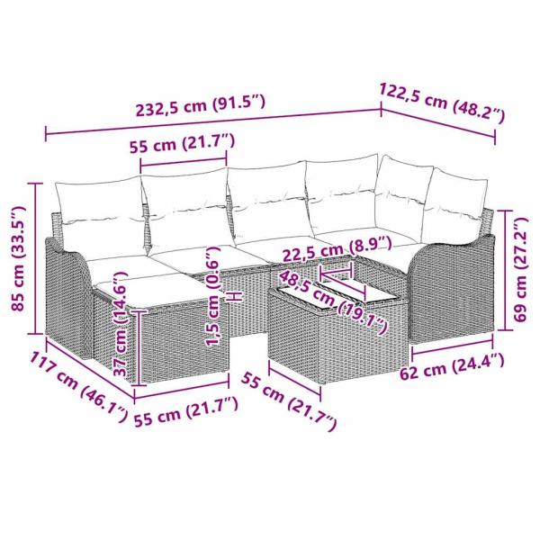 7-teiliges Garten-Sofa-Set mit Kissen braunes Poly-Rattan, 2-Sitzer Garten-Sofa mit Kissen beiges Poly-Rattan