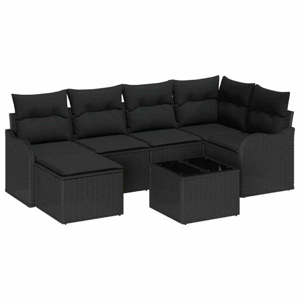 7-teiliges Garten-Sofaset mit Kissen Beige Poly Rattan, 2-Sitzer Garten-Sofa mit Kissen Schwarzes Poly Rattan