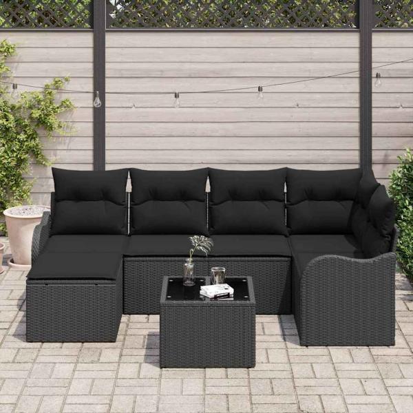 7-teiliges Garten-Sofaset mit Kissen Beige Poly Rattan, 2-Sitzer Garten-Sofa mit Kissen Schwarzes Poly Rattan