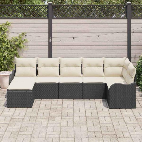 7-teiliges Garten-Sofa-Set mit Kissen Schwarz Poly-Rattan, 2-Sitzer Garten-Sofa mit Kissen Schwarz Poly-Rattan