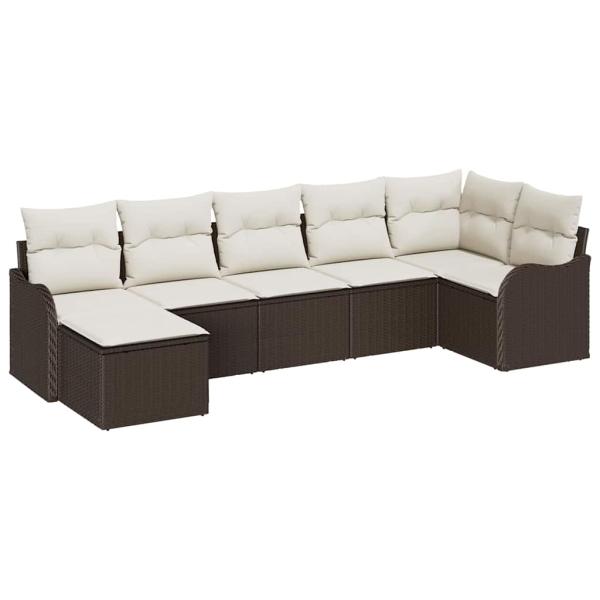 7-teiliges Garten Sofa Set mit Kissen Braun Poly Rattan, 2-Sitzer Garten Sofa mit Kissen Braun Poly Rattan