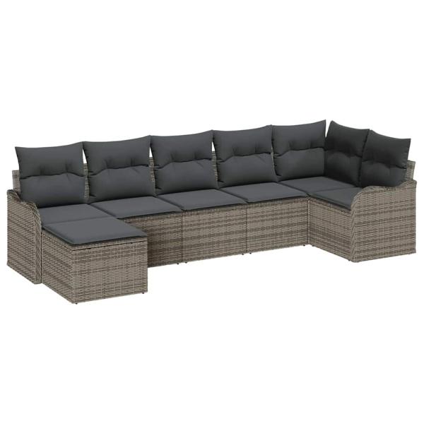 7-teiliges Garten Sofa Set mit Kissen Grau Poly Rattan, 2-Sitzer Garten Sofa mit Kissen Grau Poly Rattan