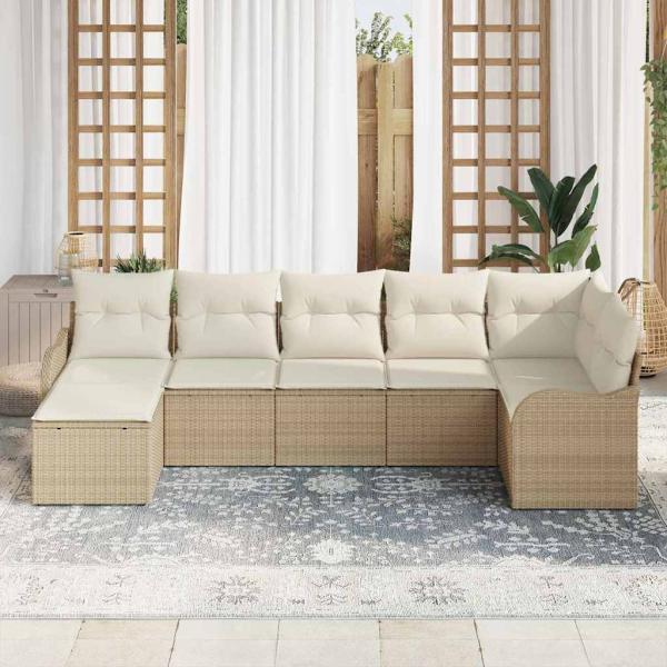 7-teiliges Garten Sofa Set mit Kissen Beige Poly Rattan, 2-Sitzer Garten Sofa mit Kissen Beige Poly Rattan