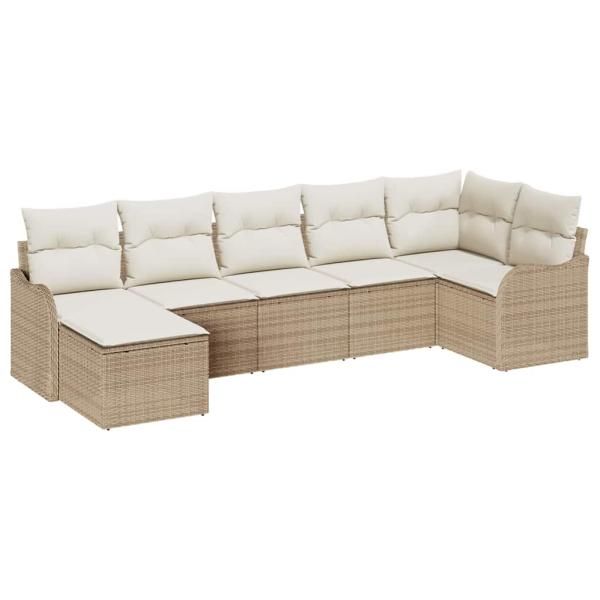 7-teiliges Garten Sofa Set mit Kissen Beige Poly Rattan, 2-Sitzer Garten Sofa mit Kissen Beige Poly Rattan