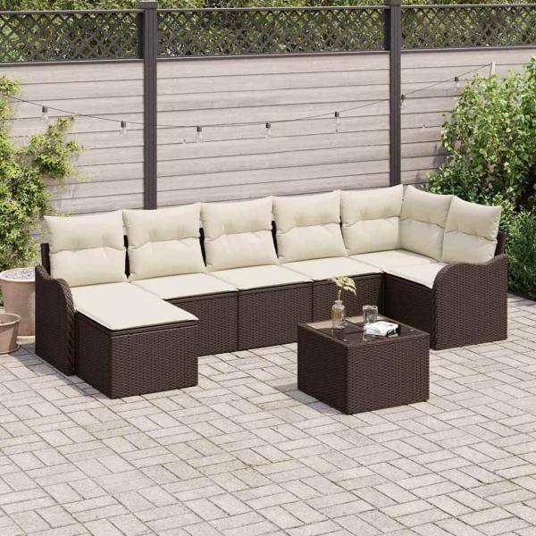 ARDEBO.de - 7-teiliges Garten-Sofa-Set mit Kissen Grau Poly Rattan, 2-Sitzer Garten-Sofa mit Kissen Braun Poly Rattan